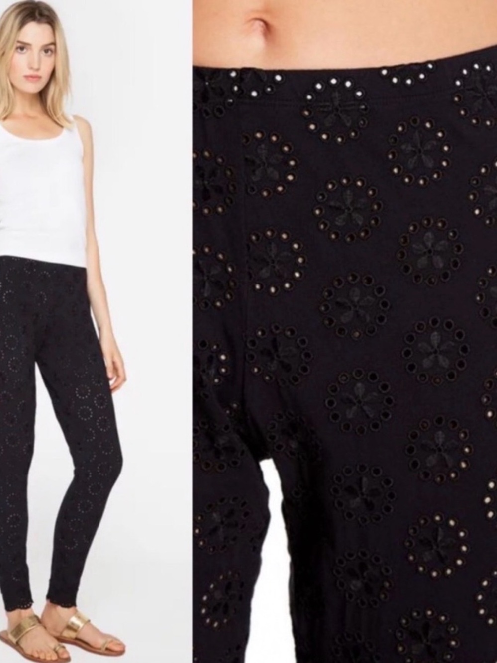 Johnny Was Black Eyelet Leggings with Floral Cutouts